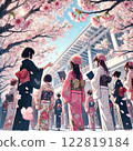The graduates came in the spring when the cherry blossoms were in full bloom. 122819184