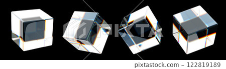 3d crystal glass holographic transparent cubes on black background render icon. Abstract geometric block shape set with neon gradient texture for ui design, isolated graphic elements. 3D illustration 122819189