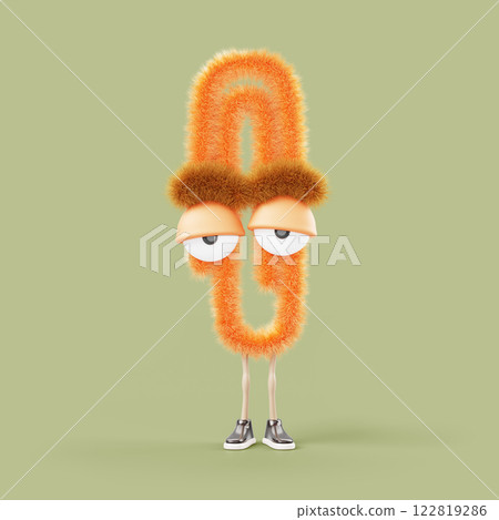 3d fur paper clip cartoon character. Cute fluffy school or office stationery paperclip. Student education mascot staple with comic funny face isolated on green background render. 3D illustration 122819286