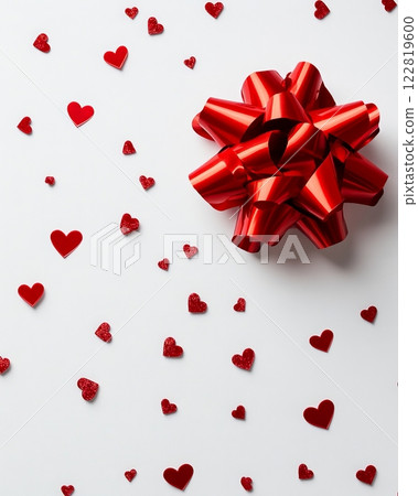 Valentine's day holiday concept, red ribbon with bow, small hearts on white background with copyspace for your text 122819600