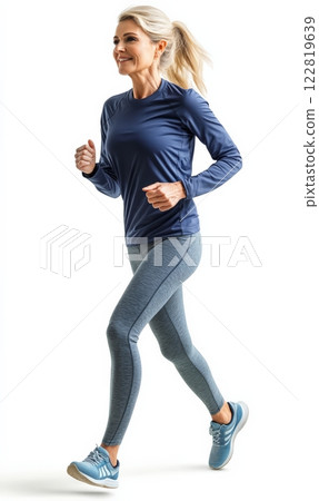 Mature woman jogging isolated on white background, healthy, sport lifestyle concept 122819639