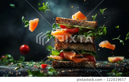 Sandwich with salmon on rustic background, flying ingredients around. Healthy food concept. Background with copyspace. 122819657
