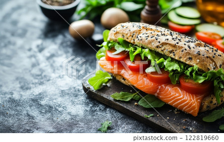 Sandwich with salmon on rustic background, healthy food concept. Background with copyspace. 122819660