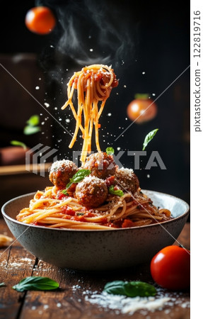 Pasta with sauce with flying meatballs in a bowl, on rustic background Pasta with sauce with flying meatballs in a bowl, on rustic background 122819716