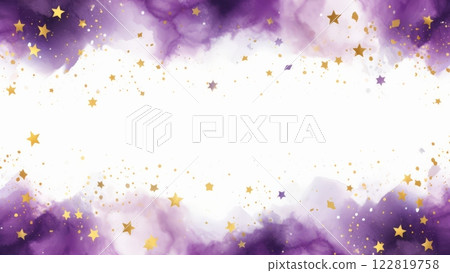 Background with watercolor paint splashes in purple color and golden stars. 122819758