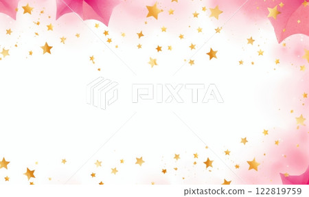 Background with watercolor paint splashes in pink color and golden stars. 122819759