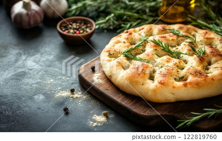 Traditional Italian foccacia bread on wooden board. Rustic background with copyspace 122819760