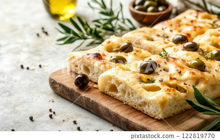 Traditional Italian foccacia bread with olives on wooden board. Rustic background with copyspace 122819770