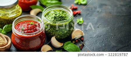 Pesto and red pesto sauce in glass jars on rustic background with copyspace for your text Pesto and red pesto sauce in glass jars on rustic background with copyspace for your text 122819787