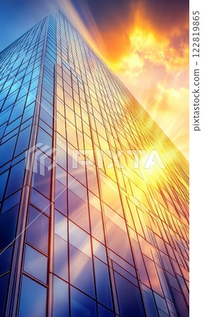 Abstract modern glass office building in downtown, view from below 122819865