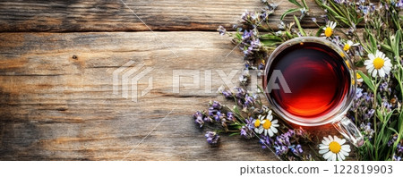 Herbal tea in cup on rustic background, healthy drink 122819903