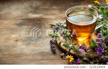 Herbal tea in cup on rustic background, healthy drink 122819904