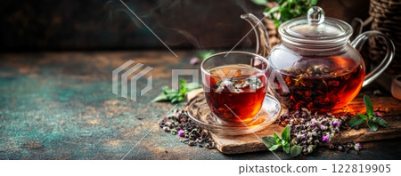 Herbal tea in cup on rustic background, healthy drink 122819905