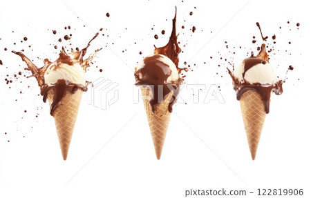 Three ice cream cones with chocolate syrup splashes on white background Three ice cream cones with chocolate syrup splashes on white background 122819906