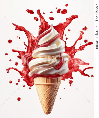 Ice cream cone with strawberry syrup splashes on white background 122819907