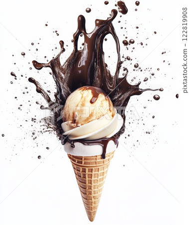 Ice cream cone with chocolate syrup splashes on white background 122819908
