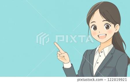 Smiling business woman pointing finger out. Light blue background with copyspace for your text. Illustration style 122819921