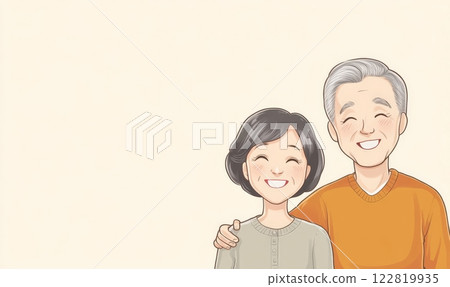 Smiling elderly couple on background with copyspace, cute illustration Smiling elderly couple on background with copyspace, cute illustration 122819935