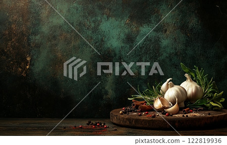 Garlic whole and peeled on wooden board on rustic background 122819936