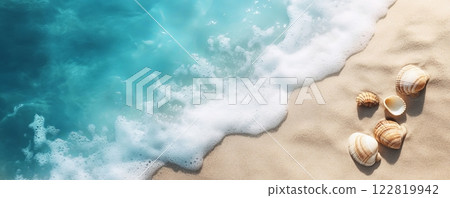 Tropical beach with seashells. Aerial drone view, view from above 122819942
