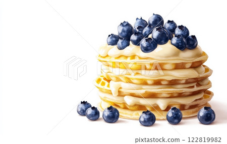 Tasty belgian waffles with cream and blueberries 122819982
