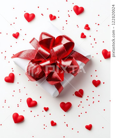 Valentine's day holiday concept, red ribbon with bow, small hearts on white background with copyspace for your text 122820024