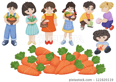 Hand drawn cartoon illustration of children doing activities for decorating Easter postcards. 122820119