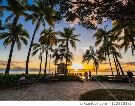 Sun set of Hawaii Waikiki Beach 122820381