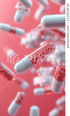 Floating capsules with red beads create vibrant medical scene 122820416