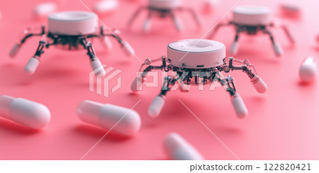 High tech nanobots delivering personalized medicine on pink background 122820421