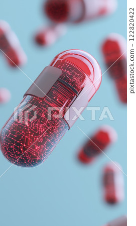 High tech capsules with glowing nanobots for personalized medicine delivery High tech capsules with glowing nanobots for personalized medicine delivery 122820422