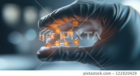 Molecular nanostructure glowing with quantum energy in lab setting 122820429