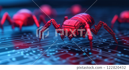 Microscopic robots assembling circuits in futuristic digital environment 122820432