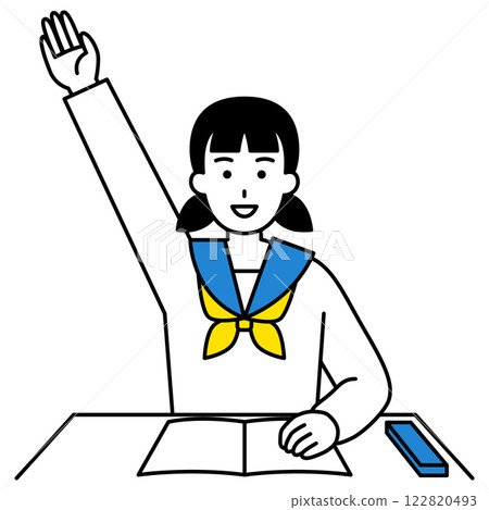 Female student raising her hand while studying Female student raising her hand while studying 122820493