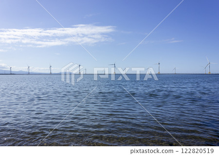 Wind power generation tower seen from Hanabe Pier Wind power generation tower seen from Hanabe Pier 122820519