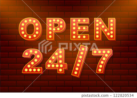 Open 247 sign with light bulbs on a brick wall background 122820534
