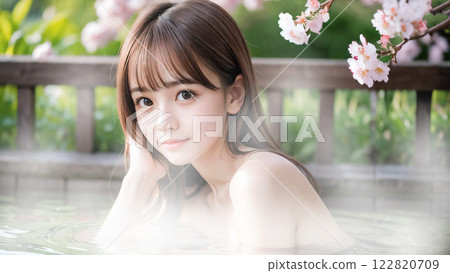 A young woman bathing in an open-air hot spring bath with cherry blossoms 122820709