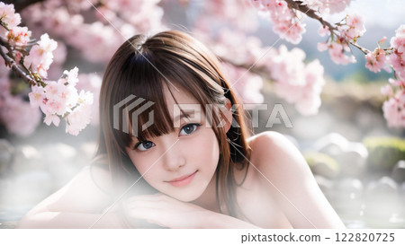 A young woman bathing in an open-air hot spring bath with cherry blossoms A young woman bathing in an open-air hot spring bath with cherry blossoms 122820725