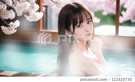 A young woman bathing in an open-air hot spring bath with cherry blossoms A young woman bathing in an open-air hot spring bath with cherry blossoms 122820730