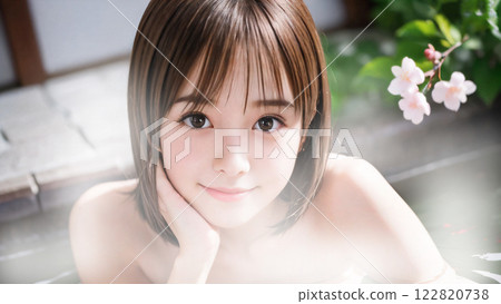 A young woman bathing in an open-air hot spring bath with cherry blossoms A young woman bathing in an open-air hot spring bath with cherry blossoms 122820738