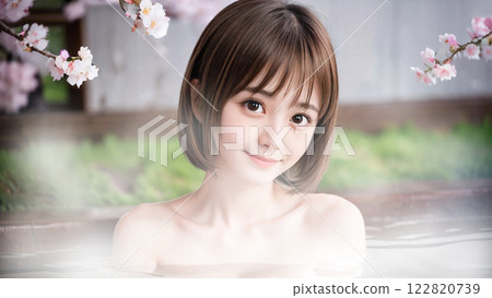A young woman bathing in an open-air hot spring bath with cherry blossoms 122820739