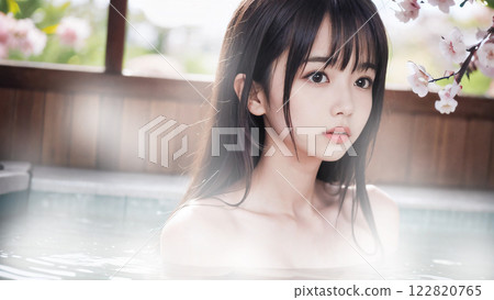 A young woman bathing in an open-air hot spring bath with cherry blossoms 122820765