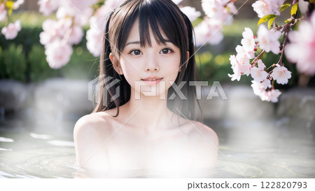 一位年輕女子在櫻花盛開的露天溫泉中沐浴 122820793