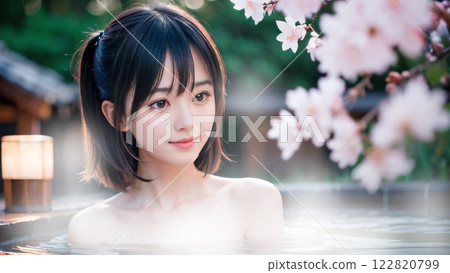 A young woman bathing in an open-air hot spring bath with cherry blossoms A young woman bathing in an open-air hot spring bath with cherry blossoms 122820799