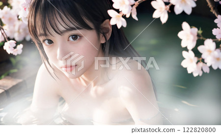 A young woman bathing in an open-air hot spring bath with cherry blossoms 122820800