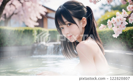 A young woman bathing in an open-air hot spring bath with cherry blossoms 122820807