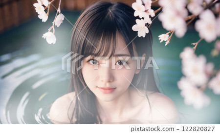 A young woman bathing in an open-air hot spring bath with cherry blossoms A young woman bathing in an open-air hot spring bath with cherry blossoms 122820827