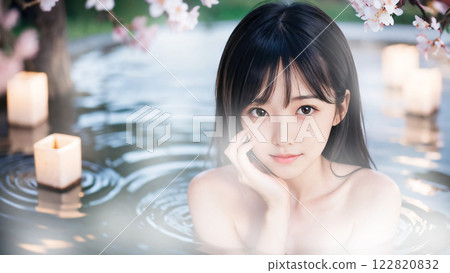 一位年輕女子在櫻花盛開的露天溫泉中沐浴 122820832