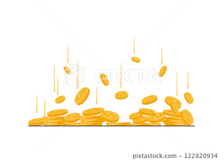 Golden falling coins, lots of money lying on table, casino winnings, investment income, flat cartoon illustration isolated on white background. Golden falling coins, lots of money lying on table, casino winnings, investment income, flat cartoon illustration isolated on white background. 122820934