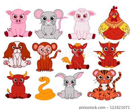 Set of cute baby animals of Chinese new year mascots. Graphic line vector illustration isolated. CNY lunar lantern festival colored Set of cute baby animals of Chinese new year mascots. Graphic line vector illustration isolated. CNY lunar lantern festival colored 122821071